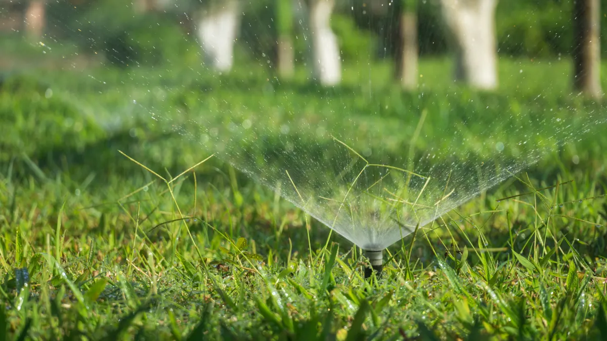 How to choose a sprinkler for a backyard lawn Small lawn sprinkler spraying grass
