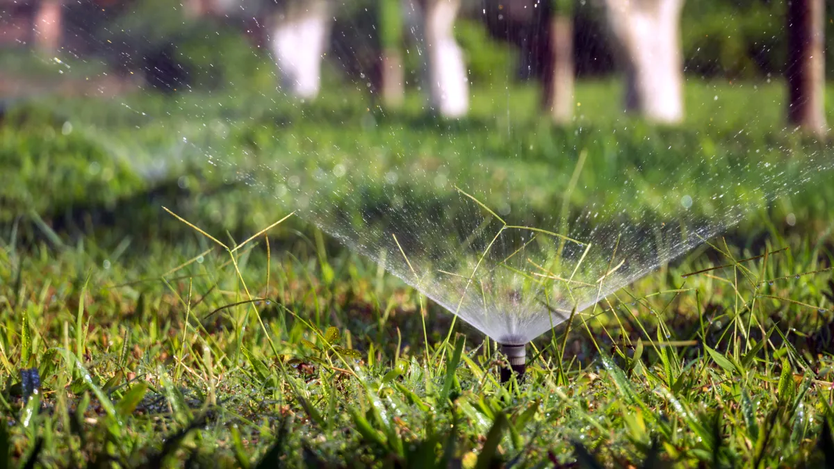 How to choose a sprinkler for a backyard lawn Small lawn sprinkler spraying grass